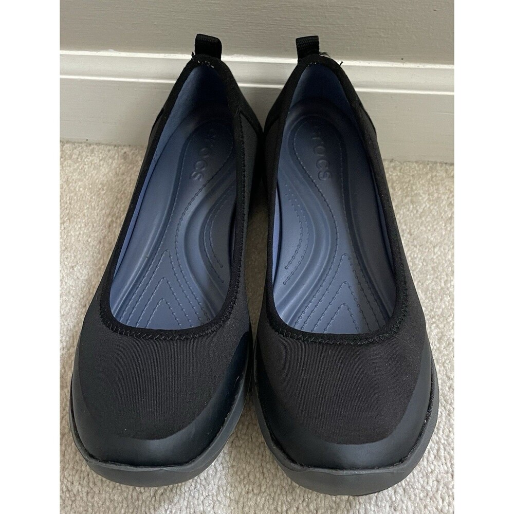 Crocs Ladies W8 Black Slip On Ballet Flats with Blue Footbed